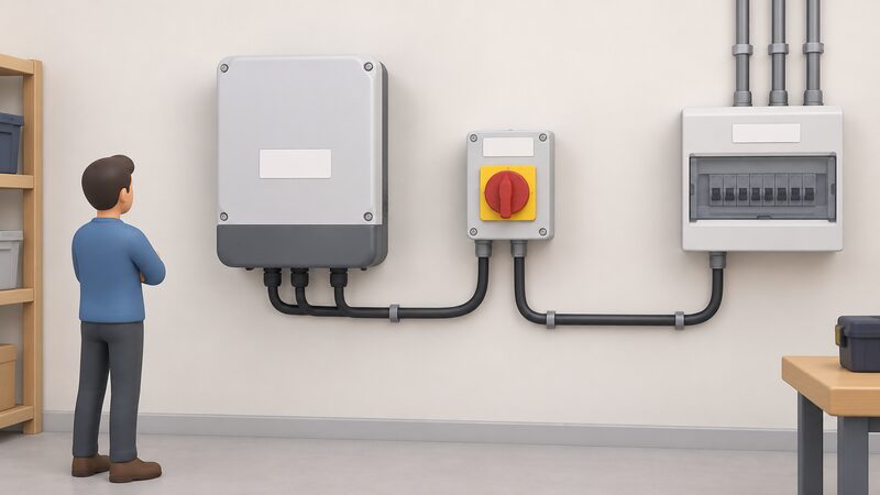 A small wind turbine inverter mounted on an interior wall, connected by conduit to a nearby rotary isolator switch, with a plain blank identification label on each unit and cable running onward to the consumer unit.