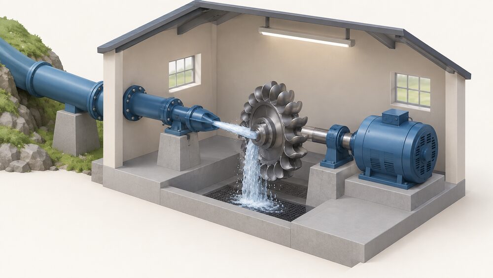 A compact Pelton turbine inside a small powerhouse at the bottom of a steep fall, its wheel with curved buckets around the rim turned by a single high-speed jet from a nozzle, fed by a penstock pipe entering through the wall, with the spent water dropping away below.