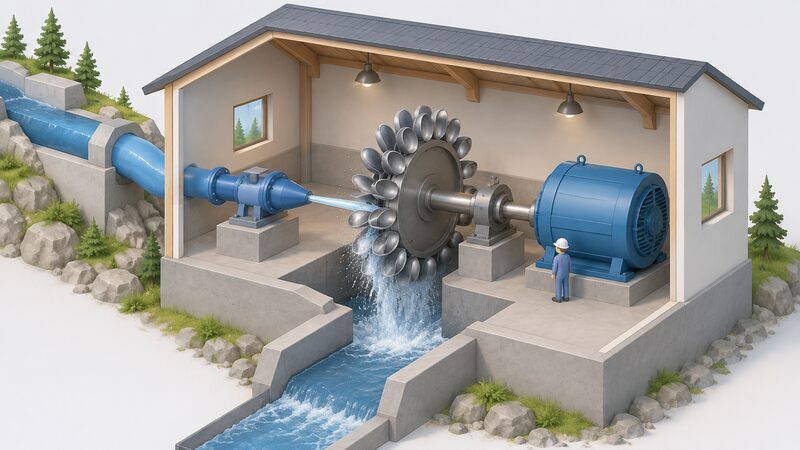 A cutaway view inside a small powerhouse showing a Pelton wheel with spoon-shaped buckets around its rim mounted on a horizontal shaft that turns a generator, with a nozzle directing a single high-speed water jet at the buckets and spent water falling away below.