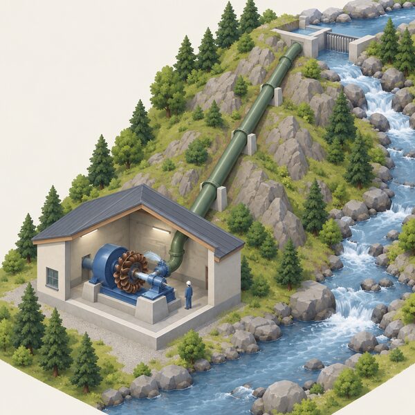 A cutaway isometric view of a small powerhouse at the foot of a steep hillside, containing a Pelton turbine with its wheel and jets, connected to a long penstock pipe running down the slope from an intake higher up, with the stream passing nearby outside.