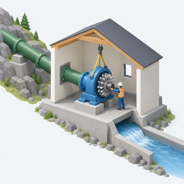 A small powerhouse at a hydro site where an installer lowers a compact Pelton turbine with its visible bucketed runner into position, connecting it to a penstock pipe entering the building, with a tailrace channel carrying water away outside.