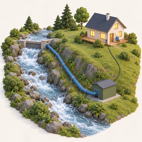 A small house beside a fast-flowing stream with an intake in the water, a penstock pipe running down the bank to a compact turbine housing, and a cable carrying electricity up to the house, which glows warmly with lit windows, showing continuous self-generated power.