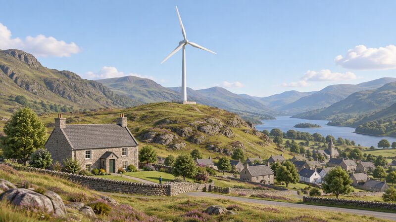 A single mid-sized community-owned wind turbine on a hillside above a small Scottish village of stone houses, with one house in the foreground and rolling glen landscape around.