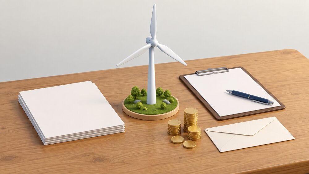 A small model of a community wind turbine stands on a wooden table beside blank application paperwork, a clipboard with a pen, a stack of coins and a plain envelope, suggesting a community group preparing a funding application.