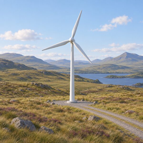 A single small community-owned wind turbine standing in open Scottish countryside, with rolling hills, rough grassland and a simple access track, conveying a modest locally owned renewable project rather than a large commercial wind farm.