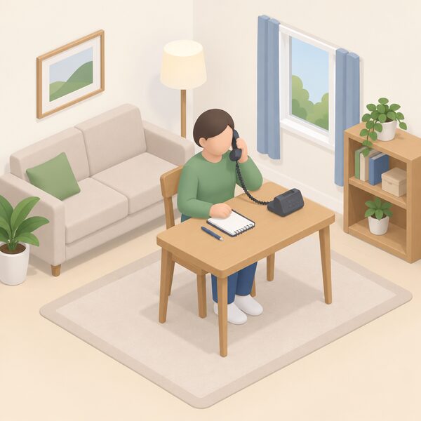 A simplified isometric figure sits at a table in a home living room holding a phone to their ear, with a paper notepad and pen beside them, receiving free impartial energy advice over the phone.