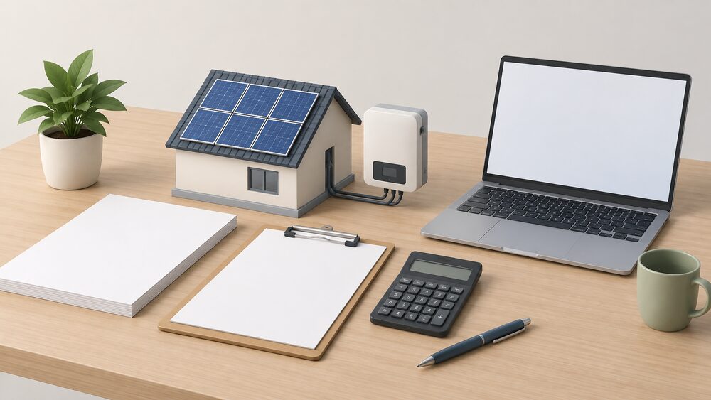 A small rooftop solar panel model with a wall-mounted inverter beside it sits on a desk next to blank application paperwork, a clipboard, a calculator and a laptop with a blank screen, representing a household preparing a generator connection application.