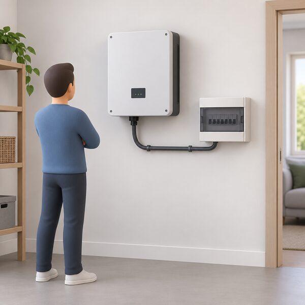 A wall-mounted solar PV inverter installed indoors in a home, shown as a plain box unit fixed to an interior wall with a cable running to a small consumer unit, the equipment whose size and export limit the Fast Track parameters constrain.