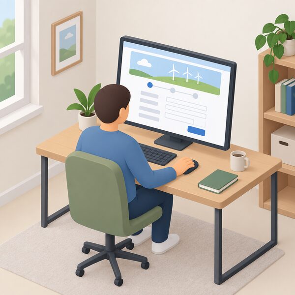 A simplified isometric figure sits at a desk in a home setting, using a desktop computer whose screen shows the Connect Direct website as a plain application form with blank lines and colour blocks, submitting a generation connection application online.