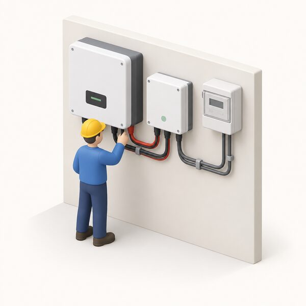 A small isometric wall-mounted scene showing a G100 export limitation device fitted directly beside a grid-tied inverter, with a simplified figure checking the connection between the two units and the household supply cables running to a meter.