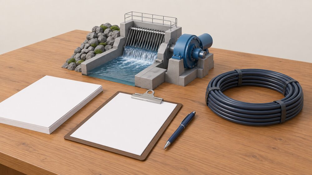A small model of a hydro turbine and intake weir beside blank application paperwork, a clipboard and a pen on a wooden table, with a closed loop of coiled pipe lying nearby to suggest the exception that needs no licence.