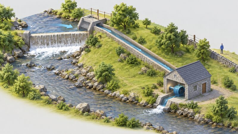 A small weir across a shallow stream with a screened intake channel running beside it down to a small stone turbine house, showing the water's path from the abstraction point to the turbine.