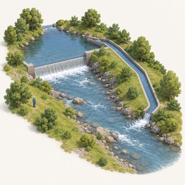 A small stream with a low weir impounding the water, a headrace channel leaving the side of the weir pool and carrying flow away, and the diverted water re-entering the stream further downstream below the weir.