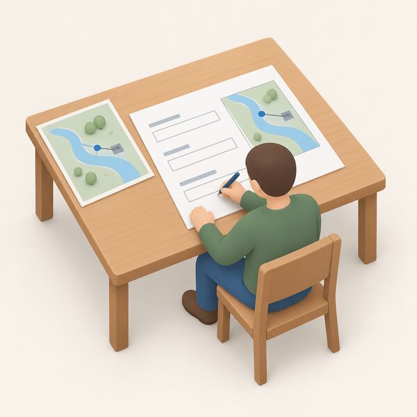 A paper abstraction licence application form lying on a table being completed by a seated figure, with blank fields for the abstraction point, quantity and rate of water taken, and a simple sketch map of a river intake beside it.