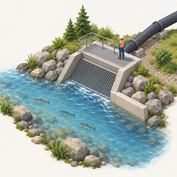 A small hydro intake at the edge of a stream, with a coarse screen over the intake opening to keep fish out, a penstock pipe leading away from the screened chamber, and the stream flowing past with fish shown in the open water beyond the screen.