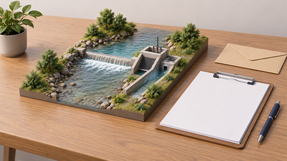 A small model of a run-of-river hydro intake with a low weir beside a model stream sits on a wooden table next to a clipboard with blank application forms, a pen and a sealed envelope, all lit by plain daylight.