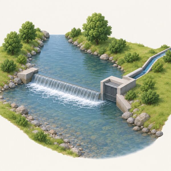 A small low weir across a river holds back a gentle pool of water beside a simple intake structure at the point of abstraction, with a short pipe or channel leading away toward a run-of-river hydro scheme, drawn as a simplified riverside scene.