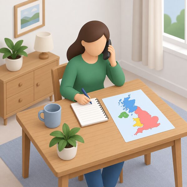A householder at a table in a home setting telephones the water regulator, holding a pen over a notepad with blank lines, a simple map of the four nations with plain colour regions lying beside them to show the differing national regulators.