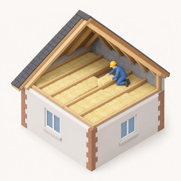 A cutaway loft space of a house showing thick mineral wool insulation laid neatly between the roof space joists, with a small simplified isometric figure kneeling to lay the final section, and no renewable equipment installed yet.