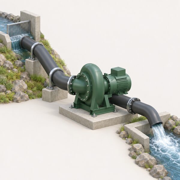 A small water turbine unit standing beside the pipework of a household micro-hydro scheme, with its supply and tailrace pipes connected but the unit not yet commissioned, shown as it would be assessed before specification against the abstraction licence.