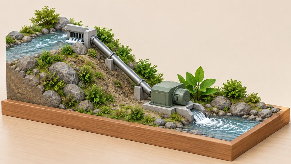 A small model of a run-of-river micro hydro scheme on a wooden table: a tiny concrete intake at an upper water channel, a sloping steel penstock pipe dropping down to a compact turbine housing with a generator, and the outflow returning to a lower watercourse, with fresh green leaves beside it suggesting clean generation.