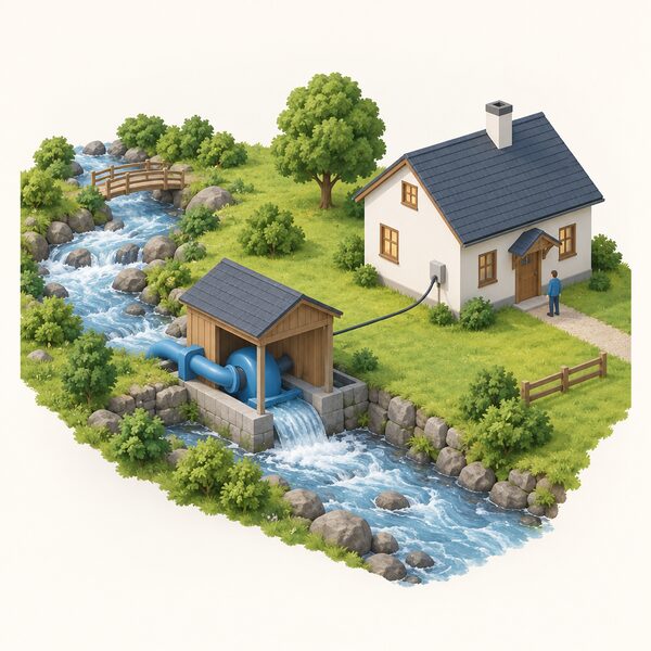 A small hydro turbine house beside a fast-flowing stream next to a home, with a cable running from the turbine to the house, clean water flowing through untouched and no smoke, flue or exhaust anywhere in the scene.