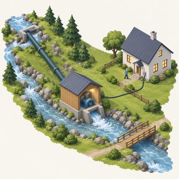 A small isometric view of a micro hydro turbine house beside a stream, with water flowing through the penstock to the turbine and a cable running to a nearby property, the system running cleanly with no smoke, flame or exhaust of any kind.