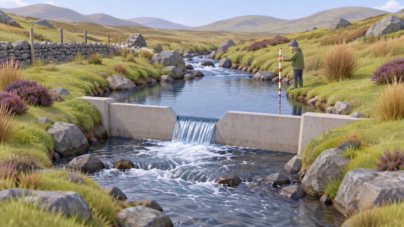 A small upland stream with a concrete gauging weir spanning it, water flowing over the notch, while a simplified figure stands on the bank holding a measuring rod in the still upstream pool to assess flow for a micro hydro site survey.