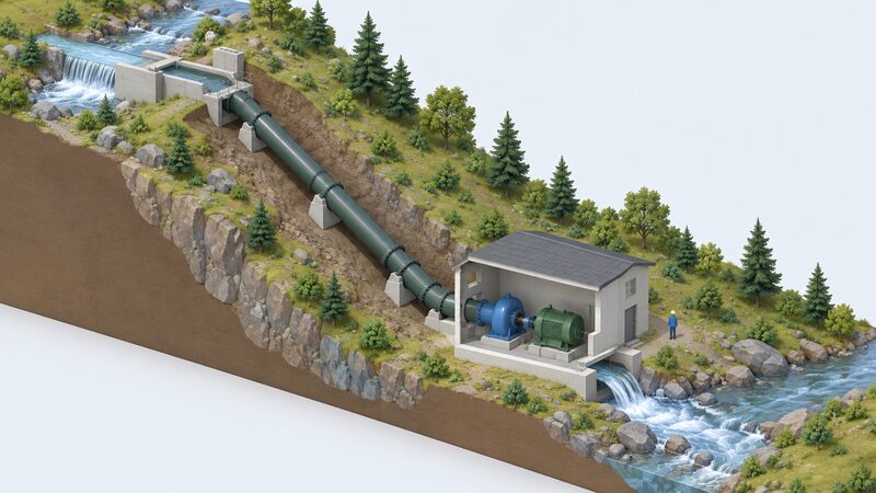 A cutaway isometric view of a run-of-river micro hydro scheme on a hillside stream, showing a concrete intake diverting water into a steeply sloping steel penstock that feeds a small powerhouse containing a turbine coupled to a generator, with water discharged back into the watercourse below.