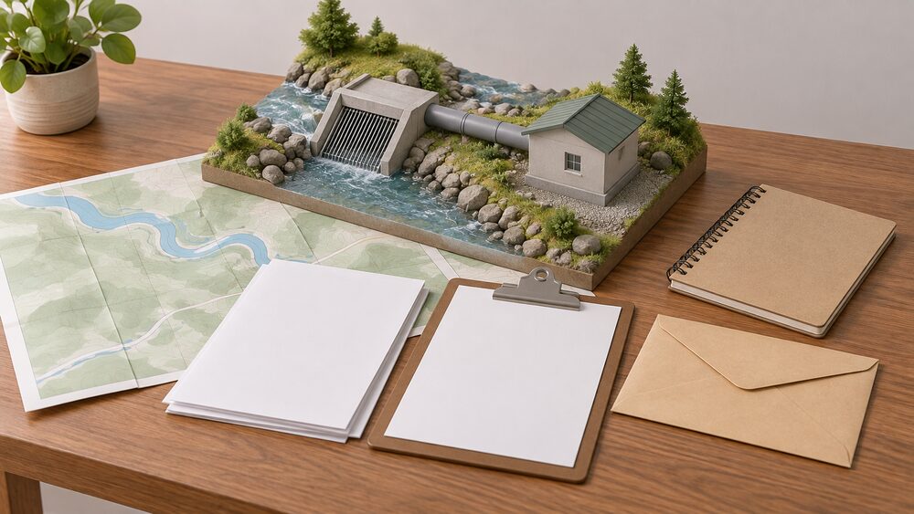 A small model of a stream intake with a screened pipe and a tiny turbine powerhouse beside a stack of blank application forms, a clipboard, a sealed envelope and a surveyor's notebook on a wooden table, with a folded map of a river course lying underneath the papers.