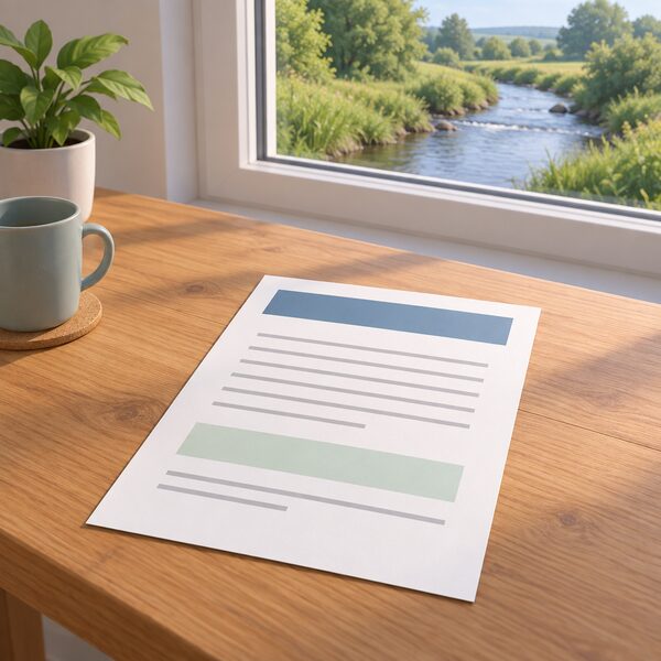 A paper abstraction licence document lying on a wooden table beside a window overlooking a small watercourse, shown as a physical sheet with plain colour bands and blank lines carrying no readable words or numbers.