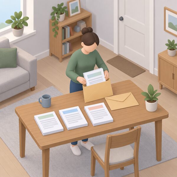 A small isometric household figure stands at a table in a home, posting together a thick environmental statement, a planning application form and an abstraction licence application form, all shown as plain documents with blank lines, into one envelope ready for dispatch.