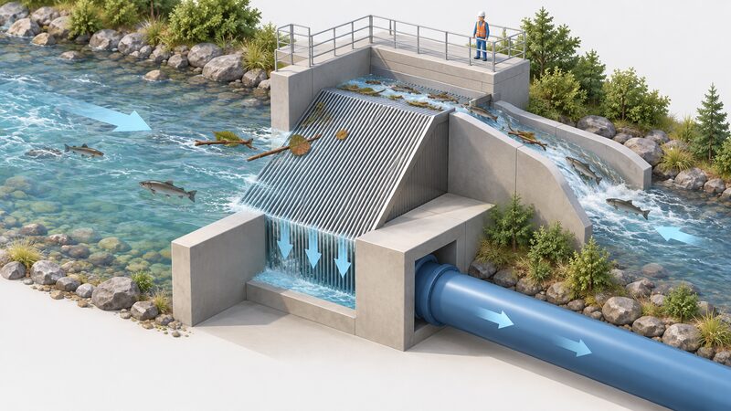 A small run-of-river hydro intake with an inclined wedge-wire Coanda screen set where the stream enters the turbine supply, water passing through the closely spaced bars while debris and fish slide over the screen surface and return to the channel downstream.