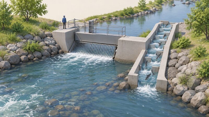 A small hydro intake on a riverbank with a narrow stepped fish pass channel running alongside it, allowing migratory fish to swim past the intake back upstream, with a modest residual flow of water continuing down the river channel below the intake.