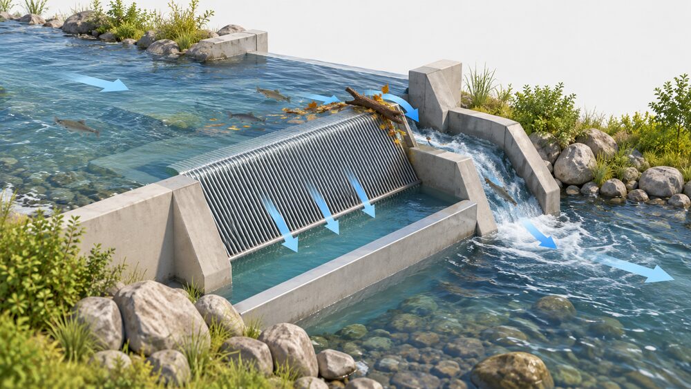 A close-up of an inclined wedge-wire Coanda screen at a small run-of-river intake, with water passing through the bars while fish and debris are carried over the top and back into the channel, and a bypass route returning to the river downstream.