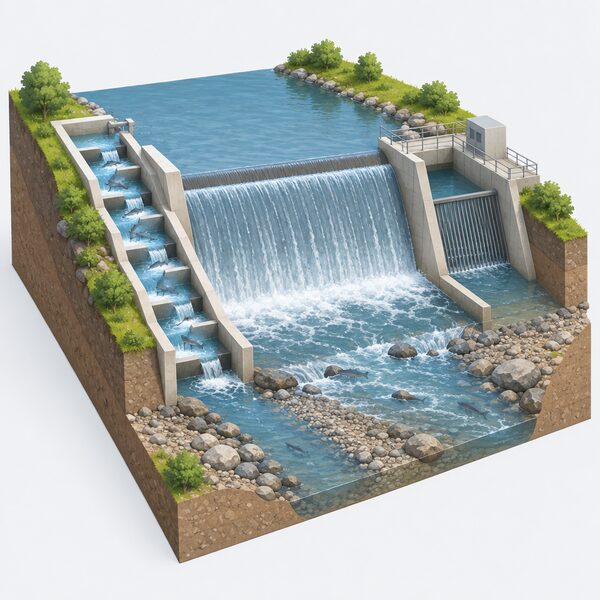 A cross-section view of a river weir with a stepped fish pass channel built into one side, water flowing down through its pools beside a screened hydro intake, with a wetted residual-flow channel in the riverbed below the weir and simplified fish moving up through the pass.