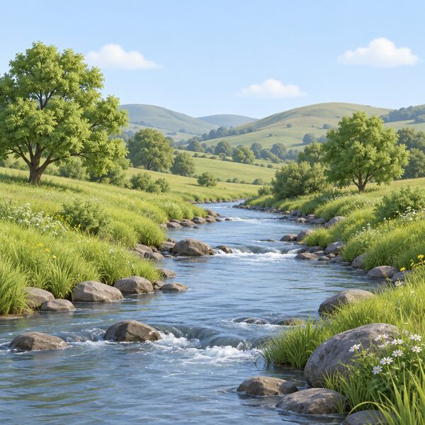 A small river flowing through open countryside, with grassy banks, a few trees and low hills behind, shown as a plain natural watercourse with no buildings, pipes, intakes or equipment, representing a watercourse whose nation sets the consent rules.