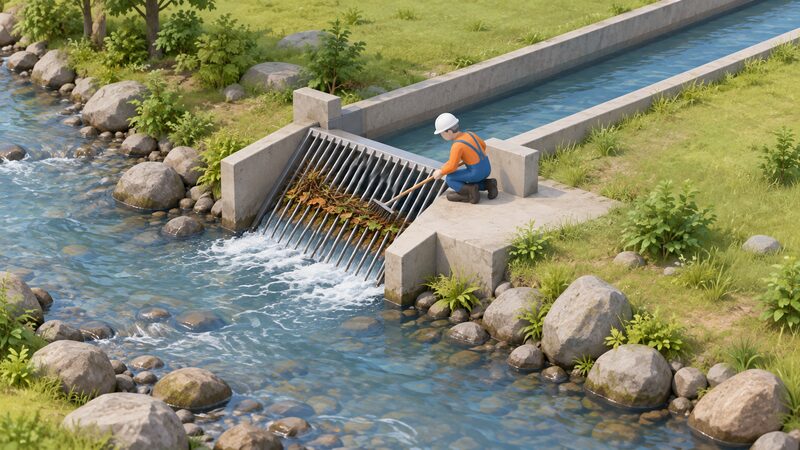 A small screened intake on a stream, with a sloped debris rack at the intake mouth and a headrace channel leading away, while a simplified figure kneels at the rack raking off collected leaves and twigs.