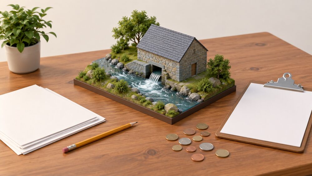 A small model of a stone turbine house beside a stream sits on a wooden table next to blank survey paperwork, a clipboard, a pencil and a scatter of coins, suggesting the costed plan for a household micro hydro scheme.