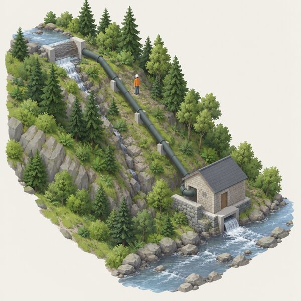 A small stone turbine house on a stream bank with an intake screen upstream and a pipeline running down the slope to it, a simplified figure standing by the pipeline on the steep wooded hillside.