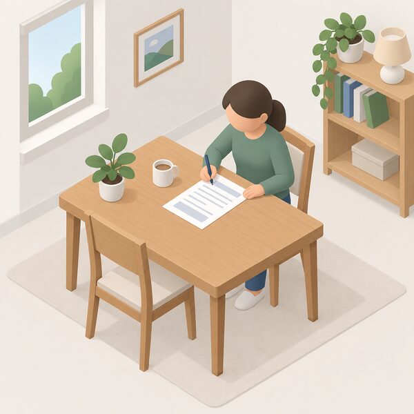 A plain paper grant application form lying on a wooden table in a home setting, with a pen resting beside it and a simple isometric figure seated at the table filling in the form, the form's content shown only as blank lines and plain blocks so nothing is readable.