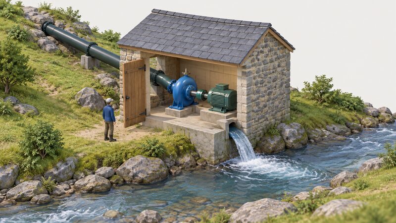 A small stone turbine house beside a stream, its door open to reveal a compact water turbine coupled to a generator inside, with a penstock pipe entering the building from upslope and a tailrace returning water to the stream below.
