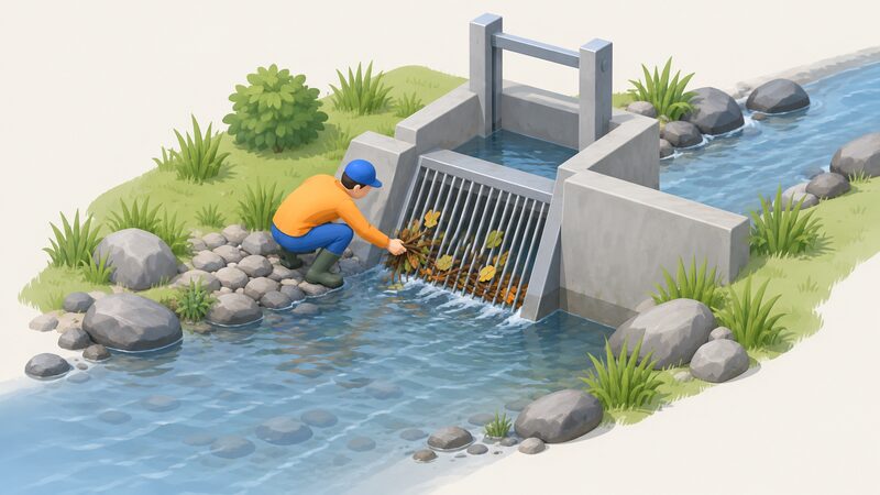 A small simplified figure crouching at the edge of a small watercourse, reaching a hand into the water to pull leaves and twigs off the intake screen that blocks debris from entering the hydro intake, with the screen set into a simple intake structure at the water's edge.