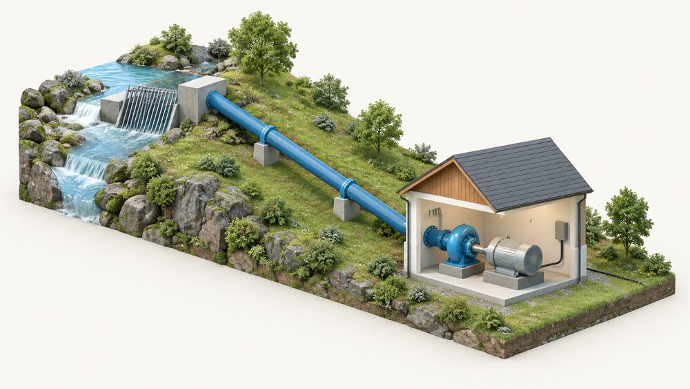 A cutaway of a domestic hydropower scheme beside a stream: an intake with a debris screen in the watercourse, a penstock pipe running down the slope to a small powerhouse containing a turbine and generator connected by an electrical cable.