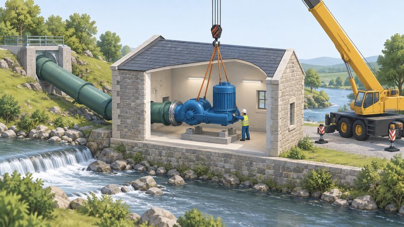 A crane lifting a refurbished turbine and generator unit down into a small stone-built hydro powerhouse beside a river, with the penstock entering the building and a simplified worker guiding the unit onto its foundations.