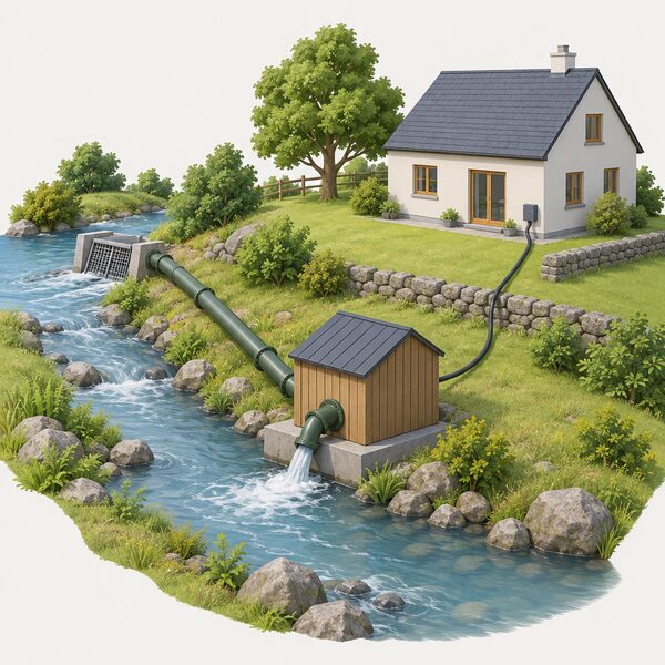 A small domestic hydro turbine house beside a stream, with an intake pipe from the watercourse feeding the turbine and a cable running to the house, shown quietly running with no work being done on it.
