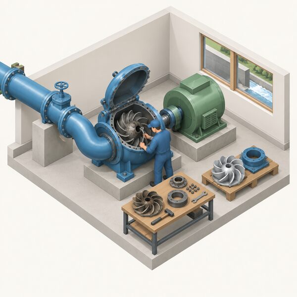 A competent installer in plain work clothing, shown as a simplified isometric figure, refurbishes an old domestic hydro turbine and generator set indoors beside the penstock pipework, with the turbine casing open, worn parts laid out on a workbench and replacement components ready to be fitted.
