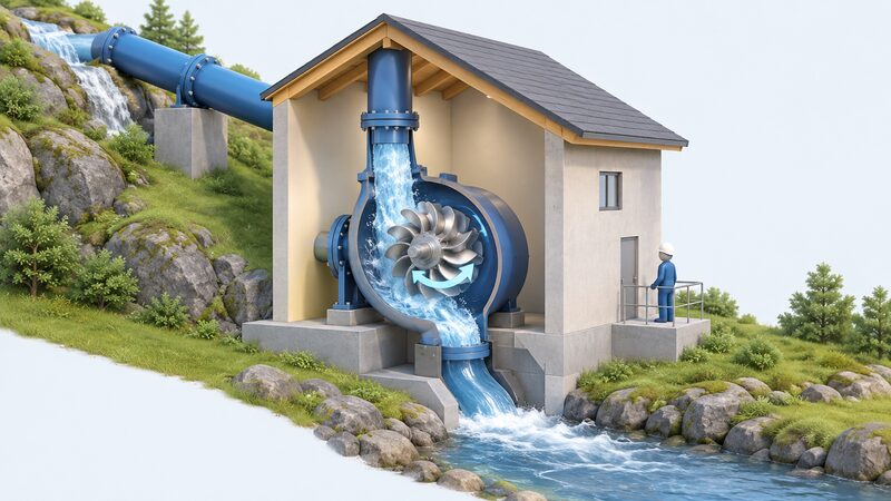A cutaway view of a small hydro turbine housed in a simple powerhouse, with a pipe bringing water in at the top, the water striking the runner and spinning it, and the water flowing out below back to the stream.