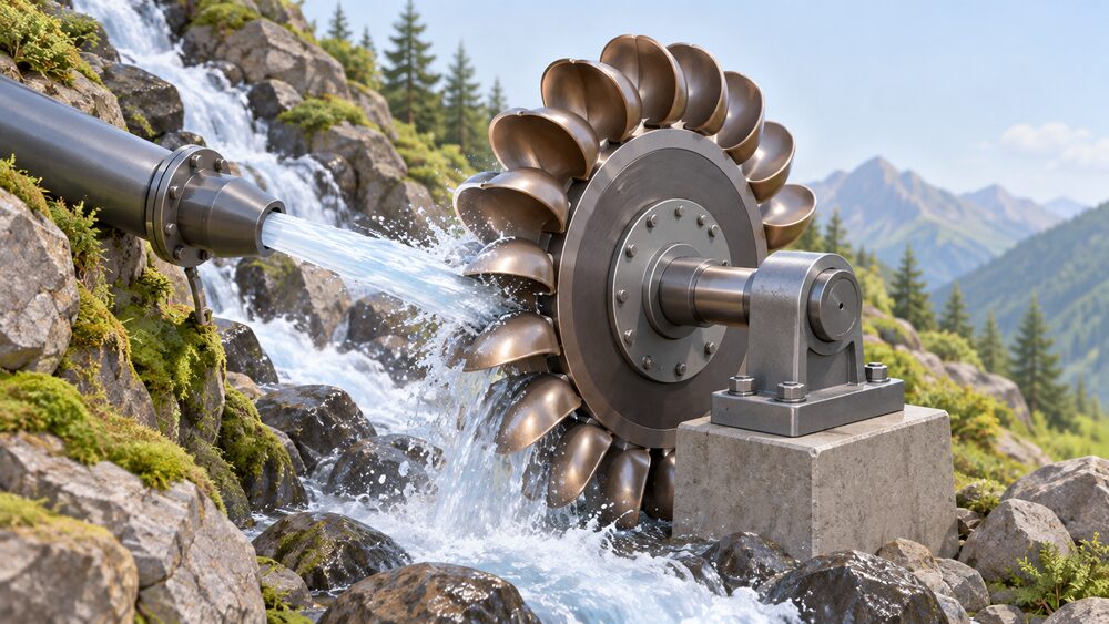 A close-up of a Pelton wheel turbine beside a steep hillside stream, with a jet of water striking its spoon-shaped buckets and the wheel turning on its shaft, water splashing away below.