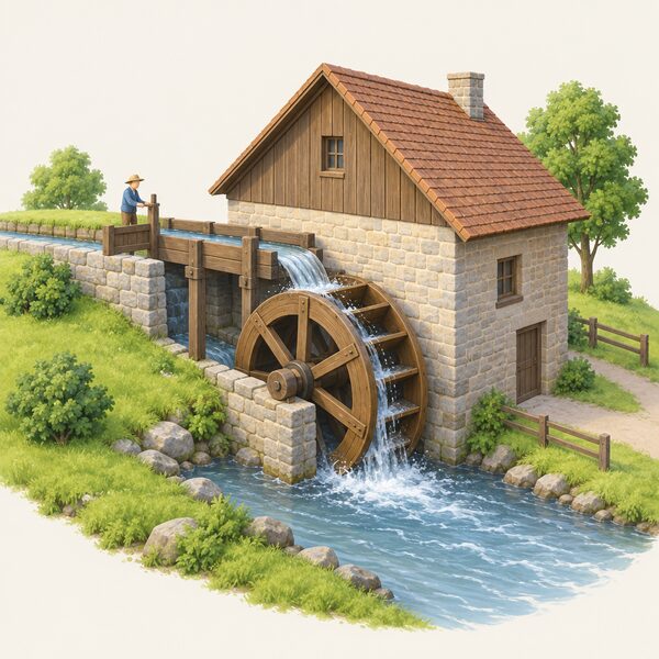 A traditional water mill with a large wooden water wheel turned by flowing water from a mill channel, shown in a simple countryside scene with the mill building beside the watercourse.